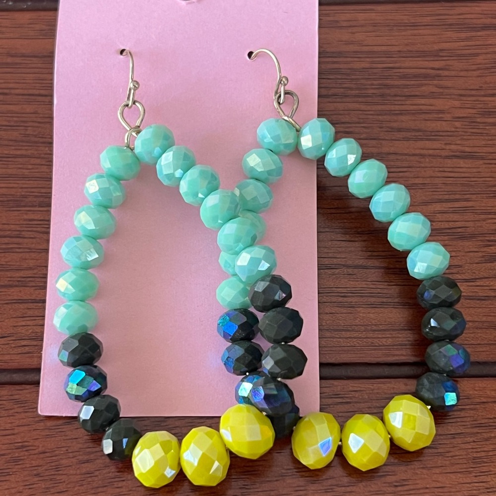 Elegant Beaded Earrings in Aqua, Black, and Yellow